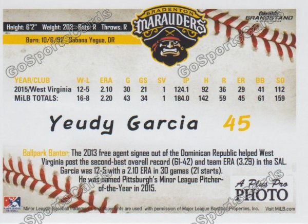 2016 Bradenton Marauders Yeudy Garcia Back of Card