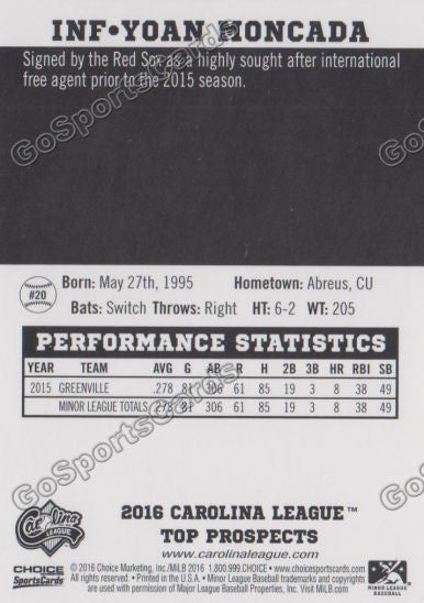 2016 Carolina League Top Prospect Yoan Moncada Back of Card