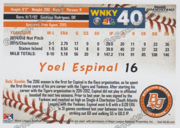 2016 Bowling Green Hot Rods Yoel Espinal Back of Card