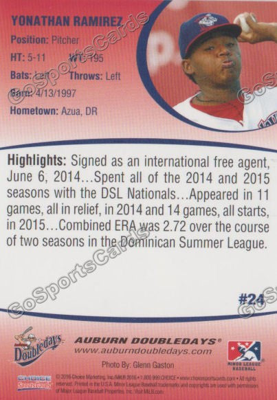 2016 Auburn Doubledays Yonathan Ramirez Back of Card