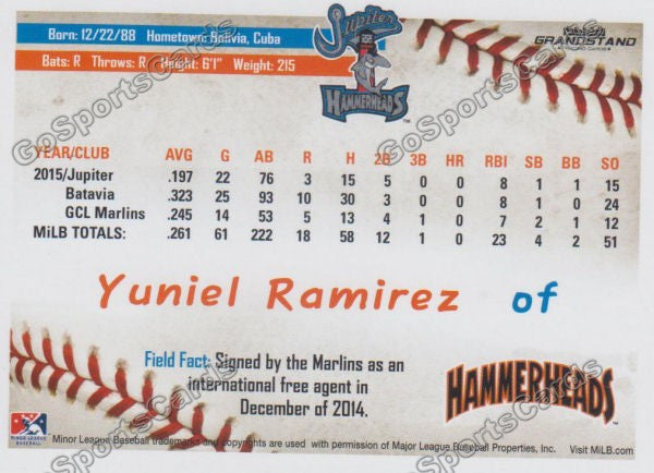 2016 Jupiter Hammerheads Yuniel Ramirez  Back of Card