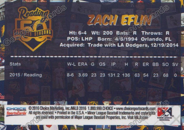 2016 Reading Fightin Phils Top Prospect 25 Zach Eflin  Back of Card