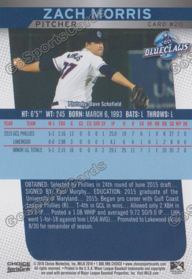 2016 Lakewood BlueClaws Zach Morris Back of Card