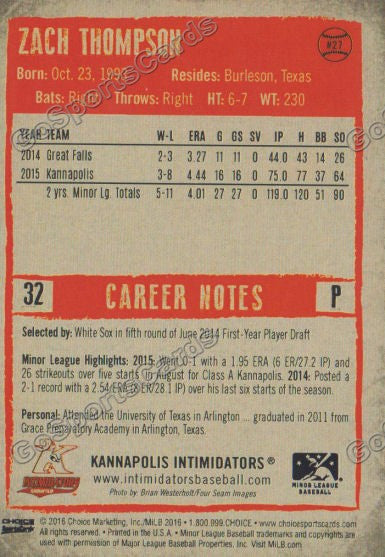  2016 Kannapolis Intimidators Zach Thompson Back of Card