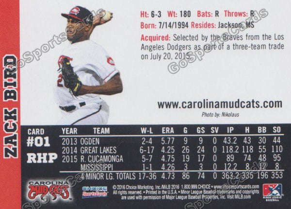 2016 Carolina MudCats Zack Bird Back of Card