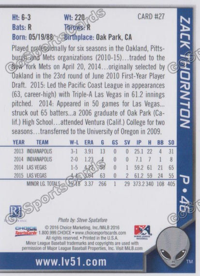 2016 Las Vegas 51s Zack Thornton  Back of Card