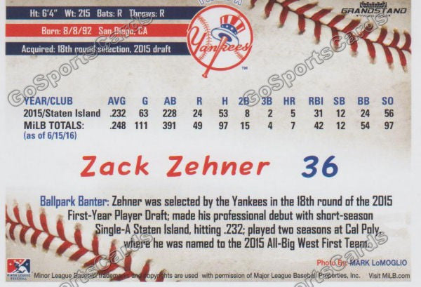 2016 Tampa Yankees Zach Zehner Back of Card