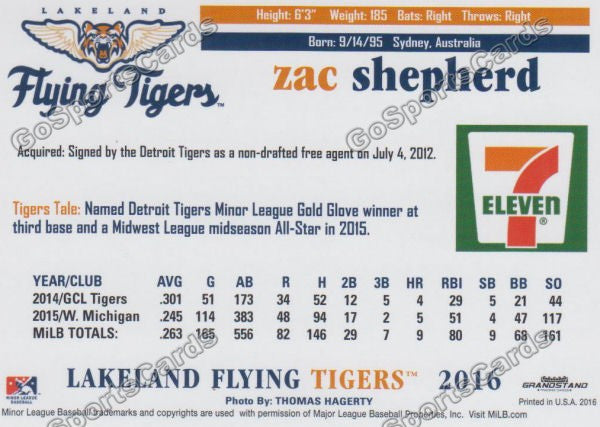 2016 Lakeland Flying Tigers Zach Zac Shepherd Back of Card